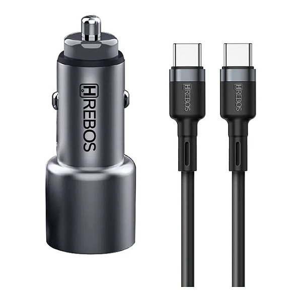 KIT CARREGADOR VEICULAR HREBOS 60W DUAL USB-C COM CABO TIPO C PRATA CRV-203CC
