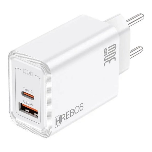CARREGADOR HREBOS FLUXIONCHARGE 30W USB-A + USB-C CRG-233
