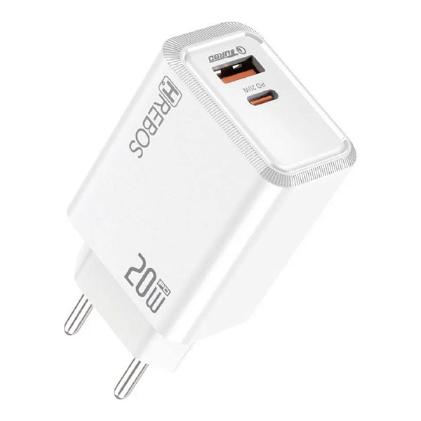 CARREGADOR HREBOS AXION CHARGE 20W USB-A + USB-C BRANCO CRG-264