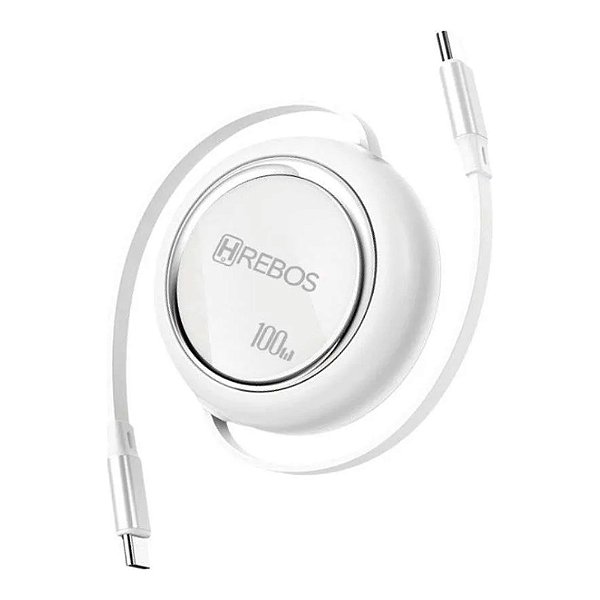 CABO RETRÁTIL HREBOS FAST VORTEX TIPO C PARA TIPO C 100W 1M BRANCO CB-360C