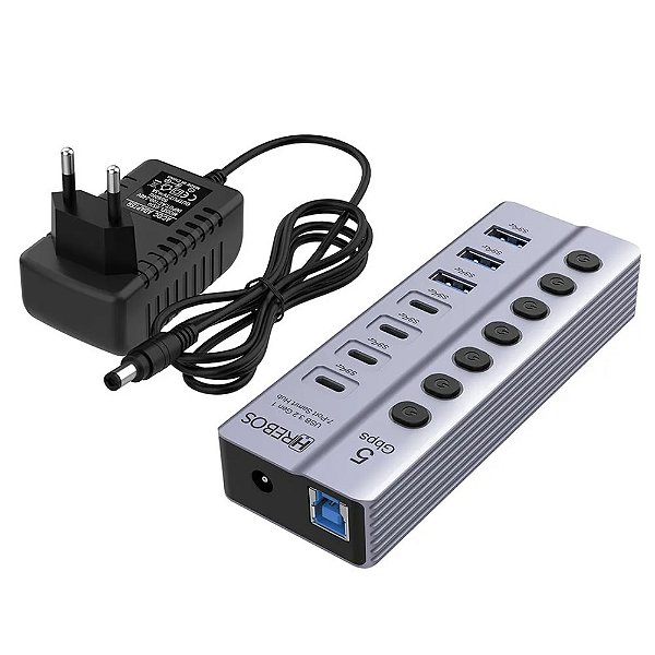 HUB HREBOS USB 3.0 7 PORTAS 4 USB-C + 3 USB-A 5GBPS COM BOTÕES INDIVIDUAIS AD-227
