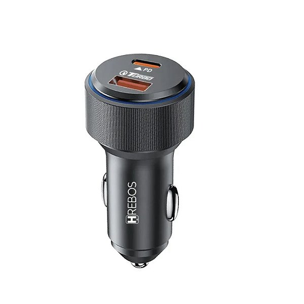 KIT CARREGADOR VEICULAR HREBOS AUTOCHARGE PRO USB-C PD 30W + USB-A QC 18W COM CABO USB-C PRETO CRV-208CC