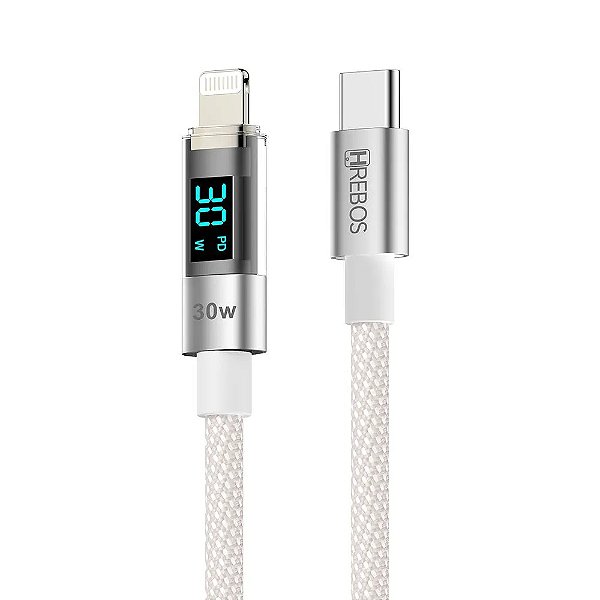 CABO HREBOS TECH LED USB-C X LIGHTNING 30W 1M COM VISOR DE POTÊNCIA BRANCO CB-371I