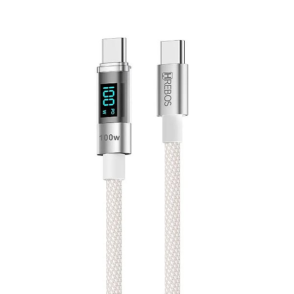 CABO HREBOS TECH LED USB-C X USB-C 100W 1M COM VISOR DE POTÊNCIA BRANCO CB-371C
