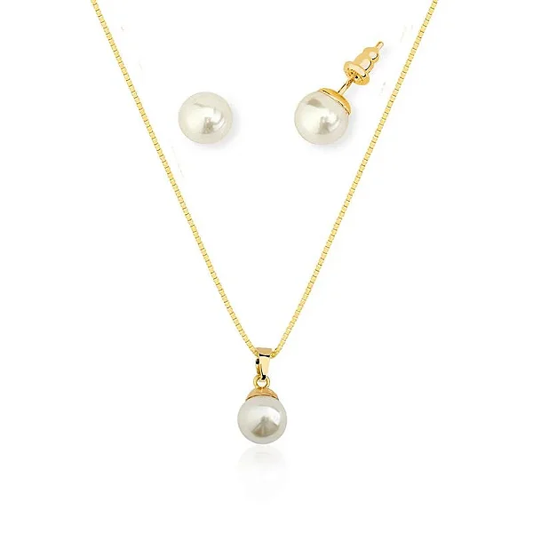 Conjunto de Gargantilha Pingente e Brincos de Pérola 8mm Banhado a Ouro 18k