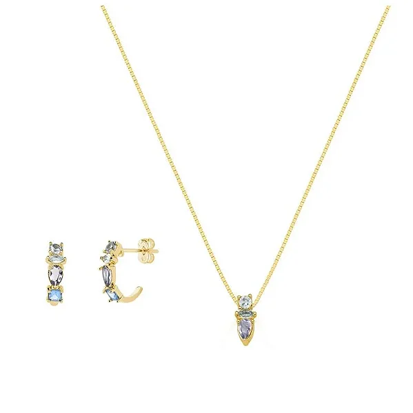 Conjunto de Gargantilha com Pingente e Brincos Colorido Banhado a Ouro 18k