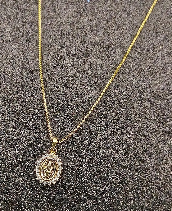Gargantilha Medalha de Nossa Senhora das Graças com Zirconias Banhado a Ouro 18k