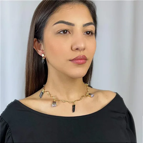 Colar Banhado a Ouro 18k - Pedras Naturais Turmalina e Geodo