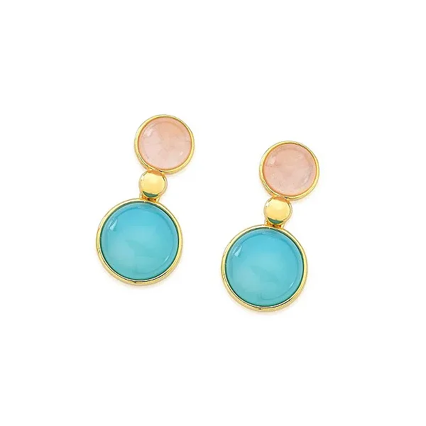 Brinco Esferas Pendurado Ágata Rosa e Azul Banhado a Ouro 18k - Pedras Naturais