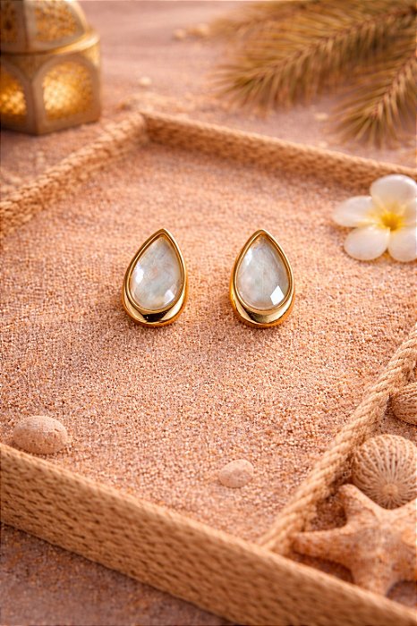 Brinco Gota Opala do Mar Banhado a Ouro 18k - Pedras Naturais