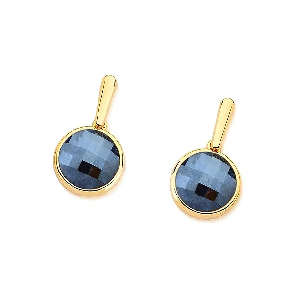Brinco Meia Esfera Pendurado Sodalita Perolada Banhado a Ouro 18k - Pedras Naturais
