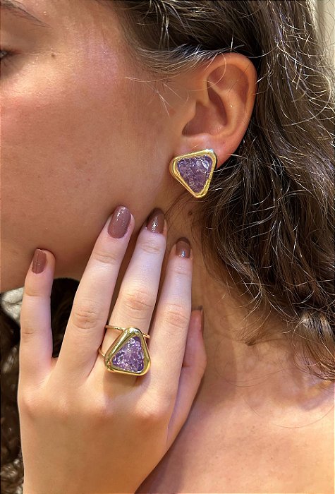 Anel Triângulo Banhado a Ouro 18k - Pedra Natural Ametista - Tamanho 14 a 24