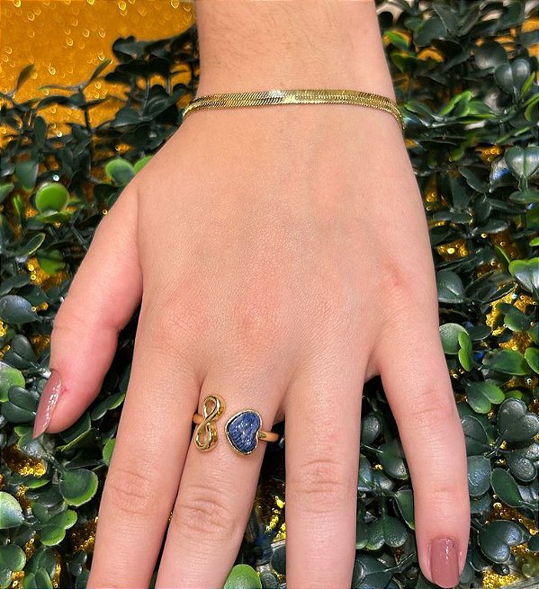 Anel Coração Infinito - Pedra Natural Feldspato Azul Banhado a Ouro 18k - Tamanho 20 a 24