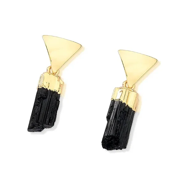 Brinco Turmalina Negra pendurado Banhado a Ouro 18k - Pedras Naturais