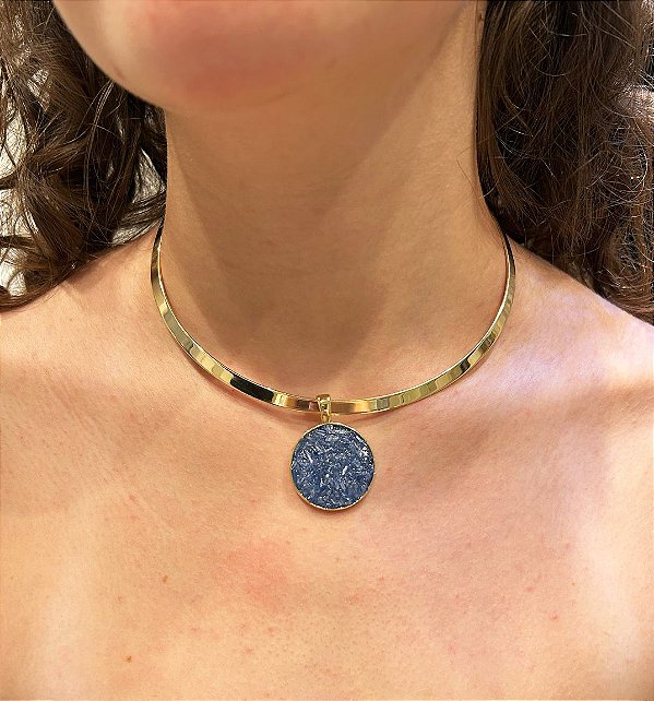 Conjunto Colar Aro e Brincos Redondo Banhado a Ouro 18k - Pedras Naturais Cianita Azul