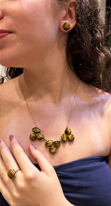 Conjunto com Gargantilha e Brincos Redondo - Pedras Naturais Olho de Tigre Banhado a Ouro 18K