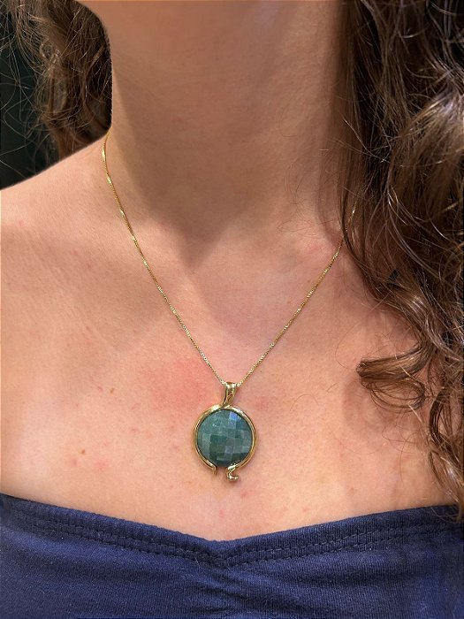 Conjunto com Gargantilha e Brincos Redondo - Pedras Naturais Quartzo Verde Perolado Banhado a Ouro 18K