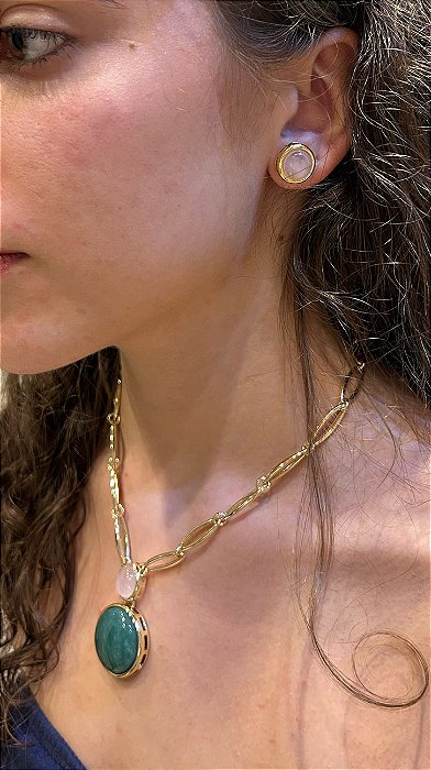 Conjunto com Gargantilha e Brincos Redondo - Pedras Naturais Quartzo Verde e Rosa Banhado a Ouro 18K