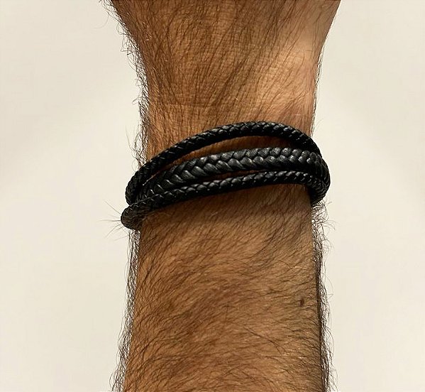 Pulseira Masculina em Couro e fecho em Aço Inox Prateado