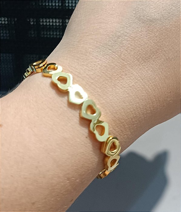 Bracelete Corações em Aço Inox Dourado 4mm