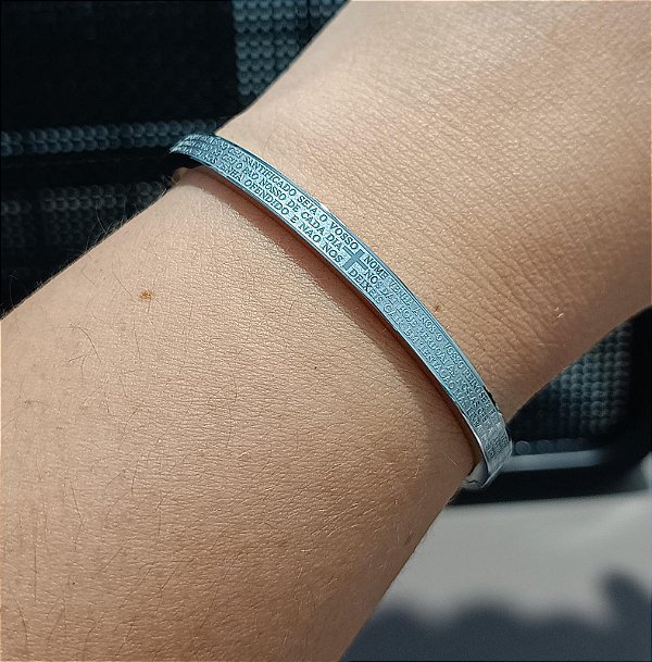 Bracelete Oração Pai Nosso em Aço Inox Prateado 4mm