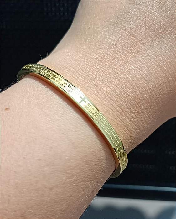 Bracelete Oração Ave Maria em Aço Inox Dourado 4mm