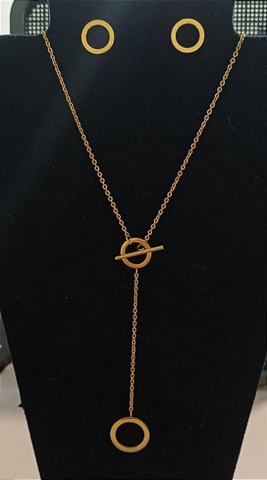 Conjunto de Corrente e Brincos Circulos em Aço Inox Dourado