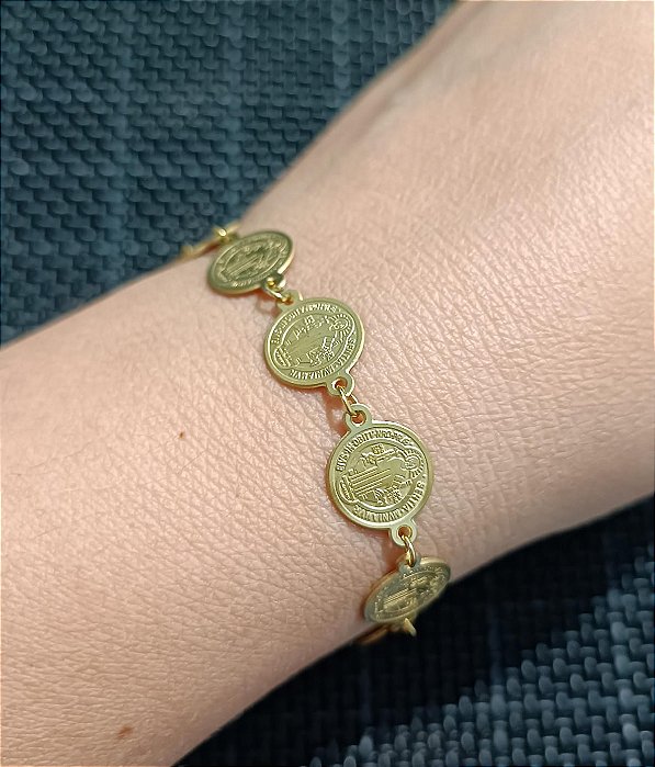Pulseira Medalhas de São Bento em Aço Inox Dourado