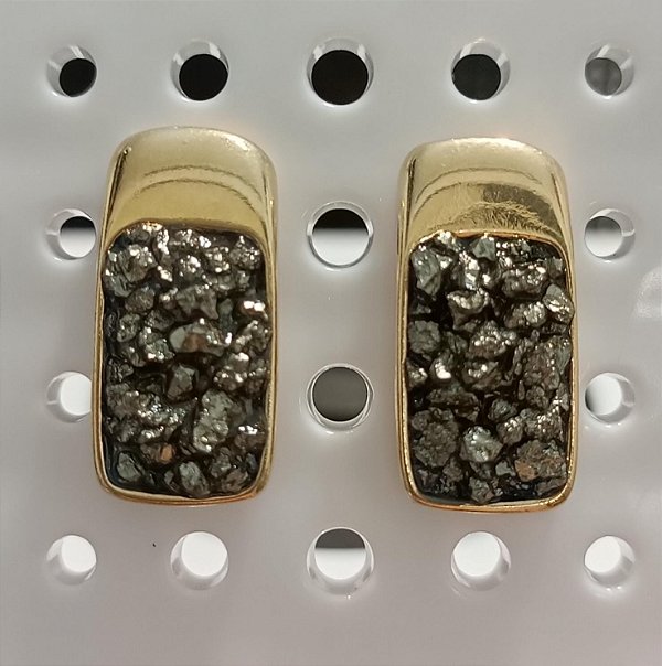 Brinco Retangular Banhado a Ouro 18k - Pedras Naturais Pirita