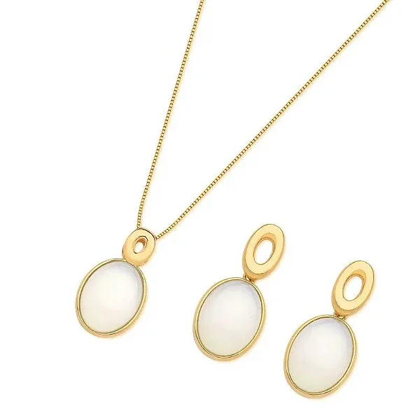Conjunto com Gargantilha e Brincos Oval - Pedras Naturais Opalina Banhado a Ouro 18K