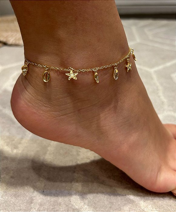Tornozeleira com Pingentes Banhado a Ouro 18k