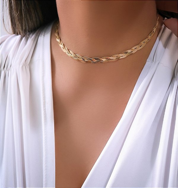 Gargantilha Choker Lisa Fita Trançada Banhado a Ouro 18k