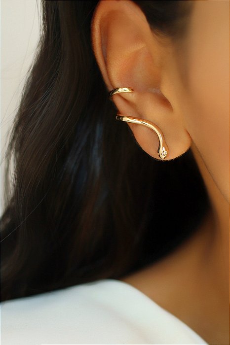 Brinco  de Zircônia EAR CUFF Cobra Olhos Cravejados Banhado a Ouro 18k
