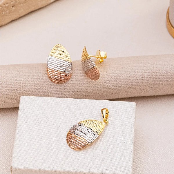 Conjunto Gota Três Ouros com Brinco, Corrente e Pingente