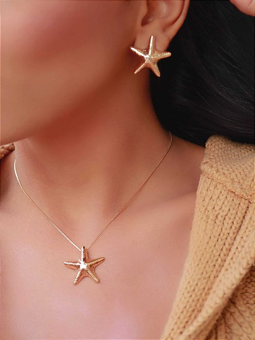 Conjunto liso Estrela Fundo do Mar banhado a ouro