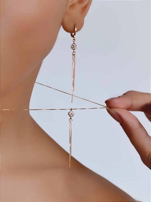 Conjunto Zirconia com Trevo e Franjas penduradas banhado a ouro