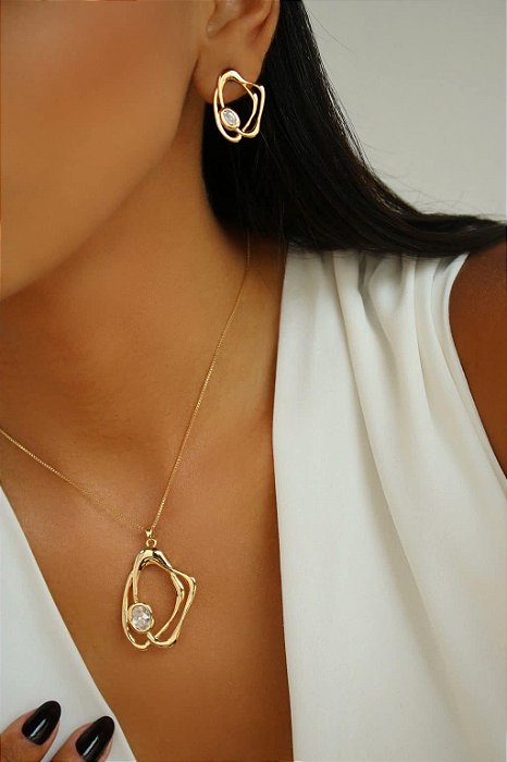 Conjunto Zirconia com Formato de Ondas banhado a ouro