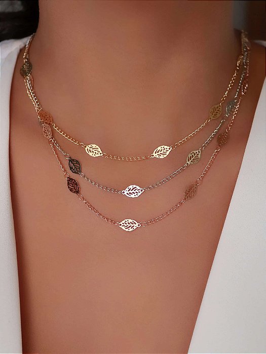 Gargantilha lisa Folhas Trio Tres cores Banhado a ouro