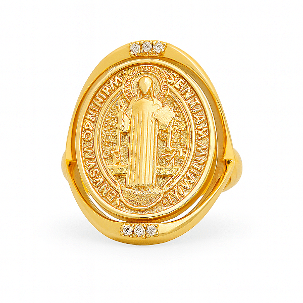 Anel zirconia São Bento que gira Banhado a ouro - Tamanho 19