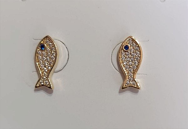 Brinco Peixe com zirconias banhado a ouro