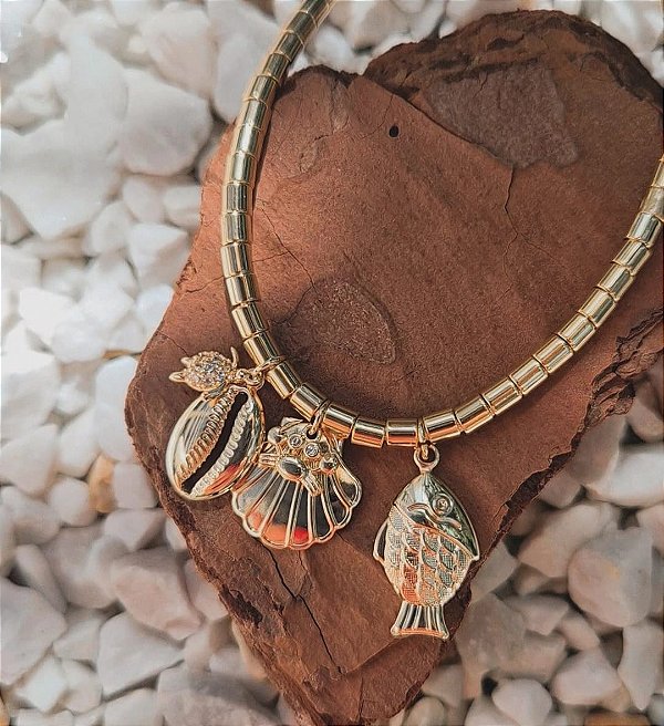 Pulseira Praia com pingentes e canutilhos Banhada a Ouro