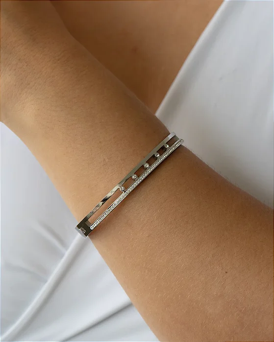 Pulseira Bracelete Cravejado de Microzirconias no Aço