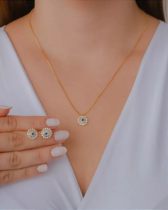 Conjunto Brinco e Colar Olho Grego com Microzirconias - Banhado a Ouro