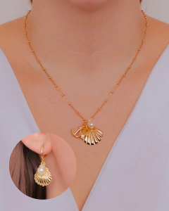 Conjunto Brinco e Colar Concha Búzio Ancora e Pérola - Banhado a Ouro
