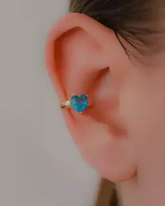 Brinco Piercing Fake Unitario Coração de Cristal Azul Claro Aqua - Banhado a Ouro