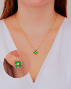 Conjunto Brinco e Colar de Trevos - Banhado a Ouro