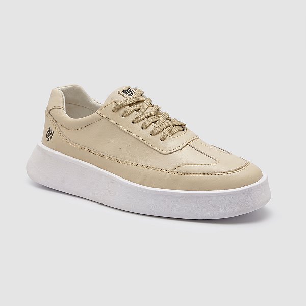 Tênis Casual Masculino Polo Vest – 100% Couro Legítimo - Cor Off White - REF 7001