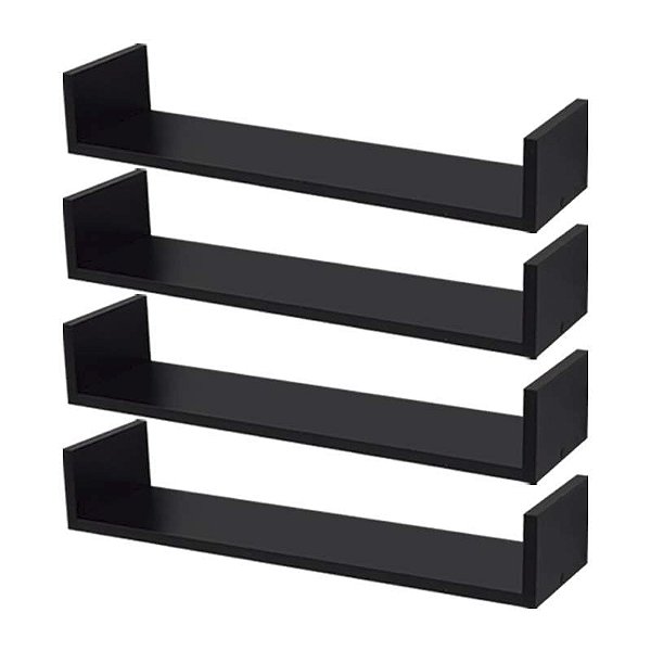 Kit 4 Prateleiras U 50 x 10cm Preta Suporte Invisível