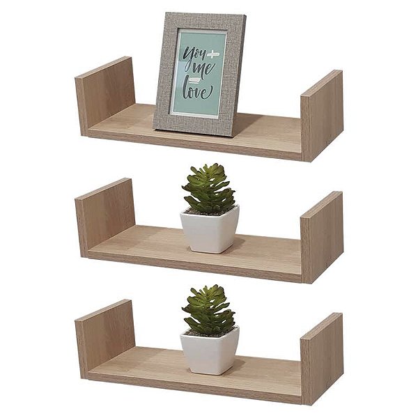 Kit 3 Prateleiras U 50 x 25cm Carvalho Suporte Invisível