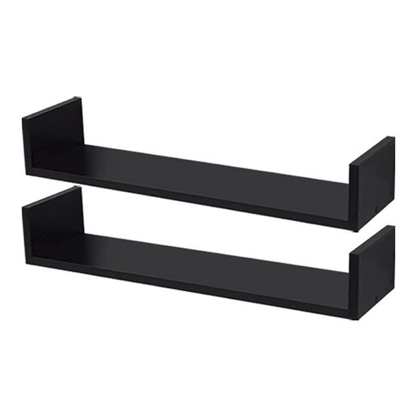 Kit 2 Prateleiras U 60 x 15cm Preta Suporte Invisível